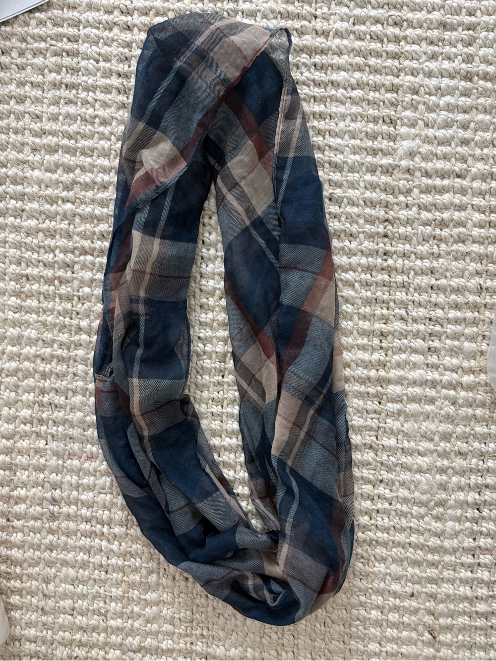 Lightweight Plaid Infinity Scarf - Blue, Brown, Cream